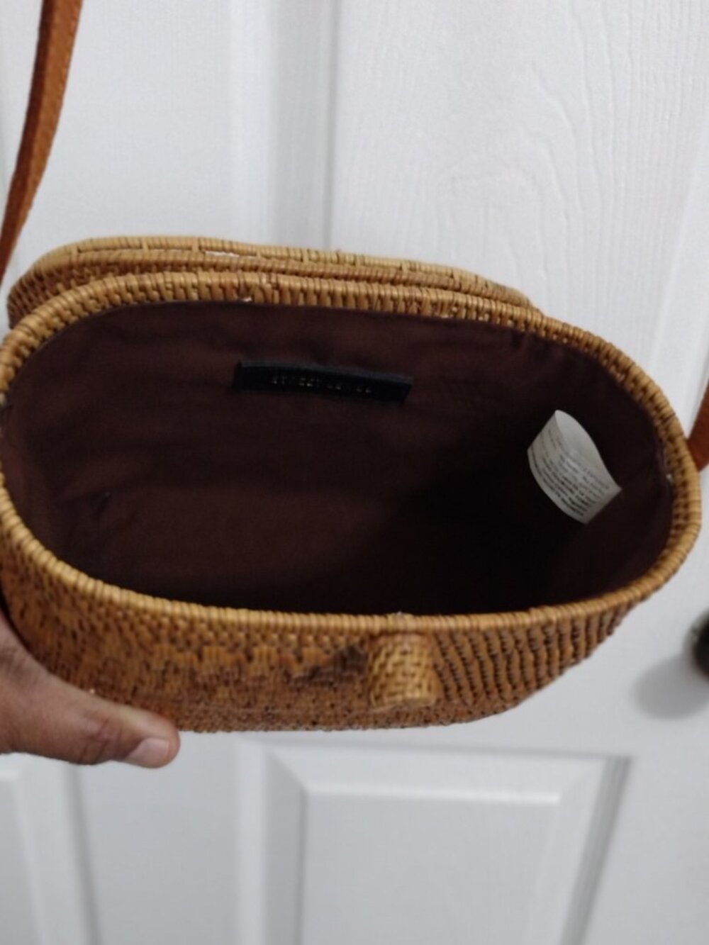 Street Level Woven Rattan Crossbody Bag Boho Natural Straw Leather Strap - Picture 4 of 12